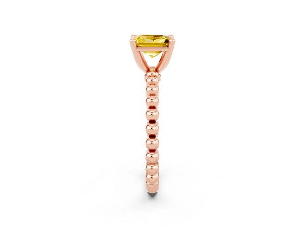 Rose gold Princess Cut Yellow Sapphire Solitaire Ring with Beaded Band and Prong Setting