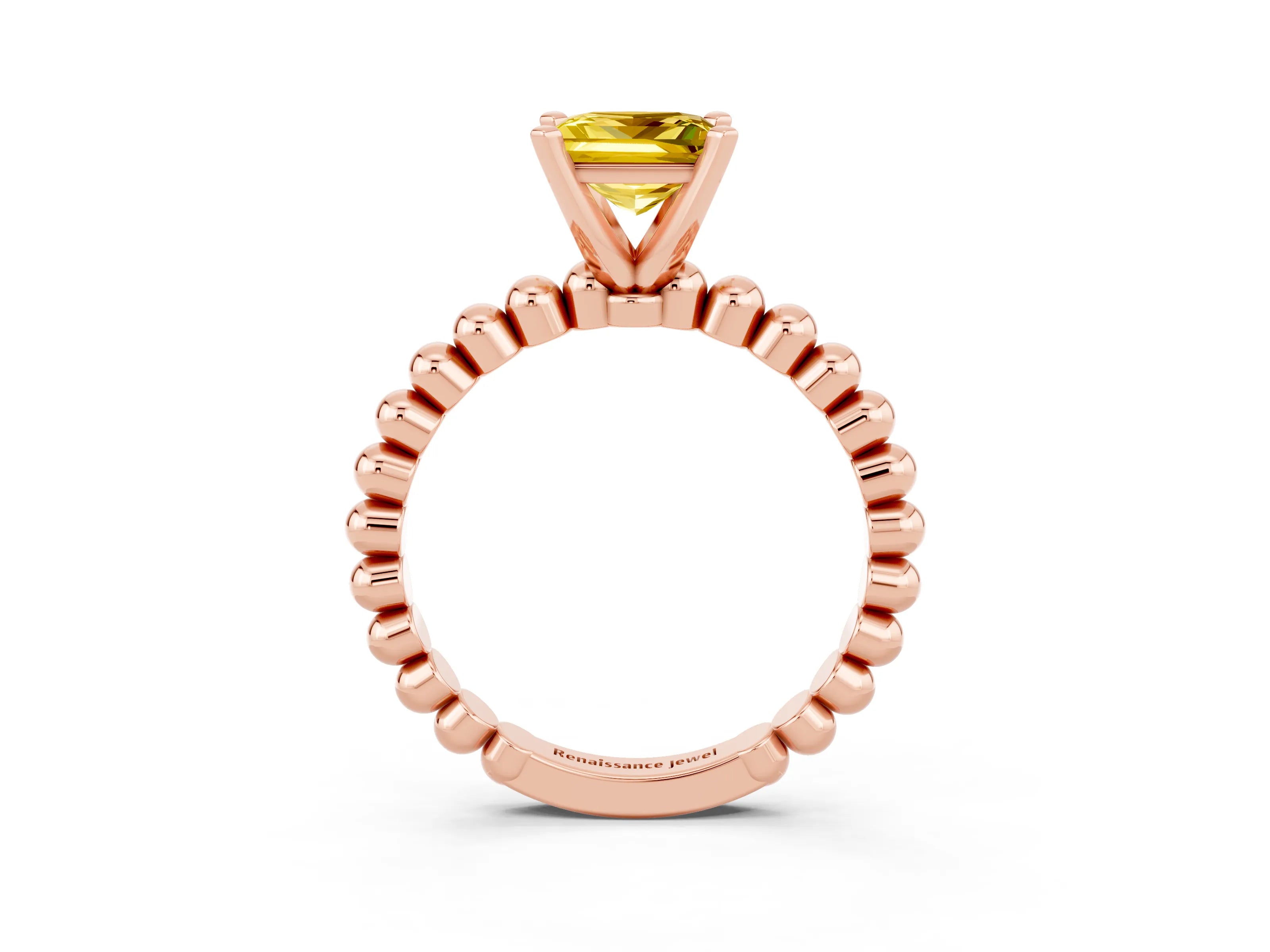 Rose gold Princess Cut Yellow Sapphire Solitaire Ring with Beaded Band and Prong Setting_3