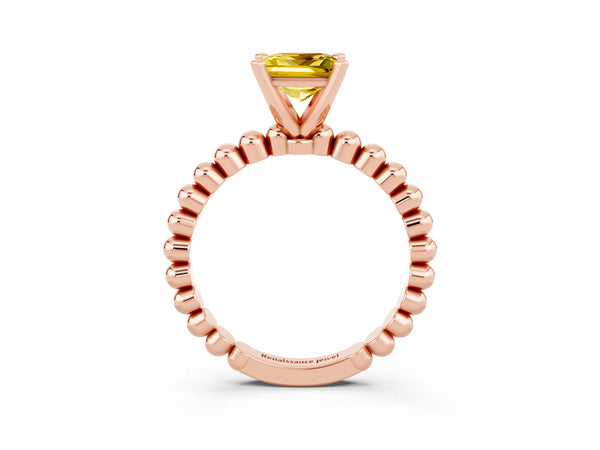 Rose gold Princess Cut Yellow Sapphire Solitaire Ring with Beaded Band and Prong Setting