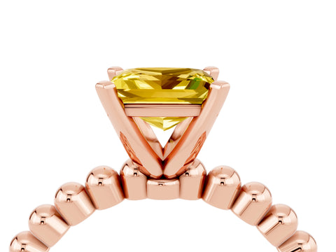 Rose gold Princess Cut Yellow Sapphire Solitaire Ring with Beaded Band and Prong Setting_4
