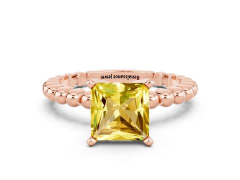 Rose gold Princess Cut Yellow Sapphire Solitaire Ring with Beaded Band and Prong Setting