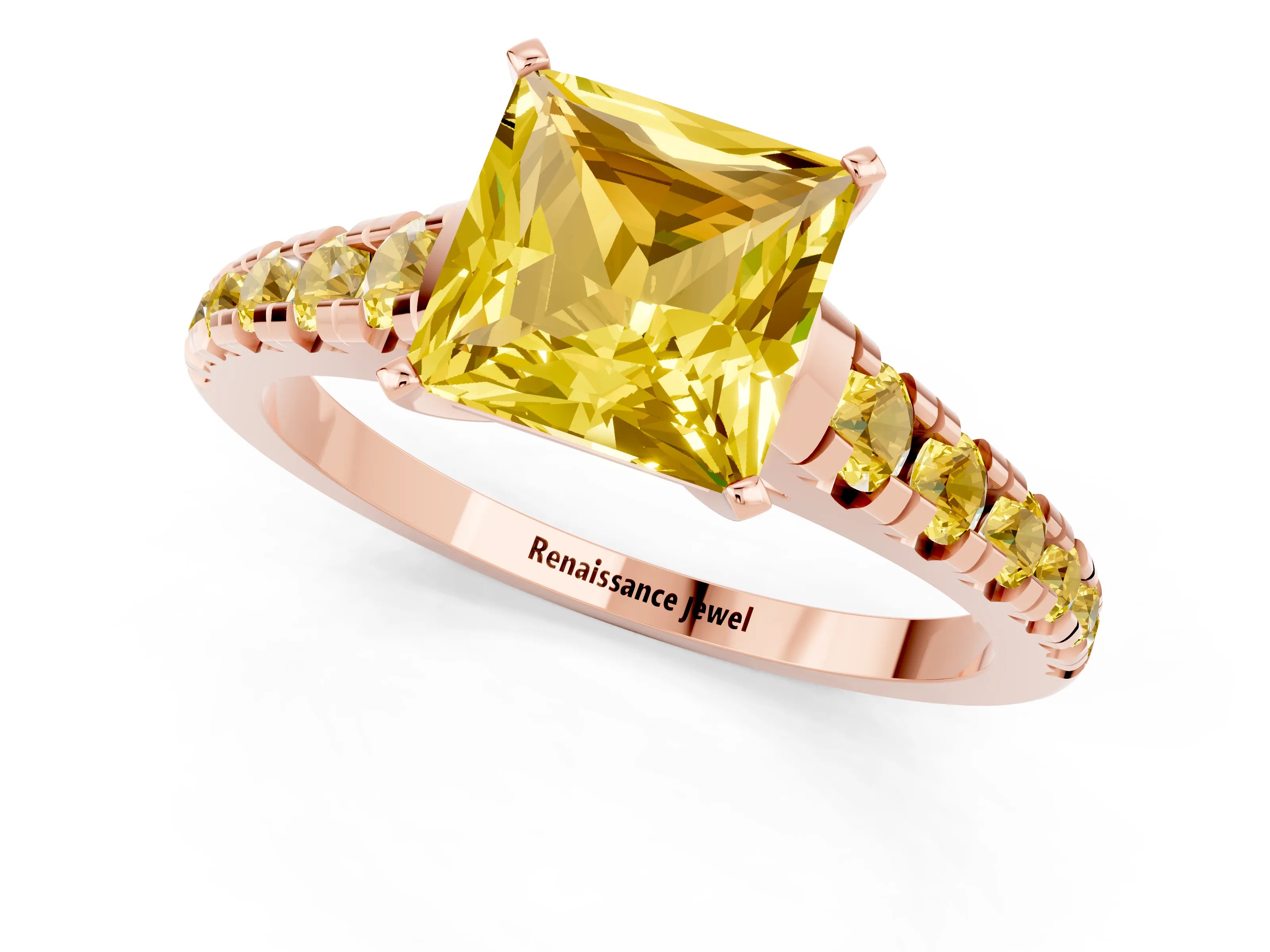 Rose gold Princess Cut Yellow Sapphire Solitaire Ring with Cathedral Setting and Pavé Band_1