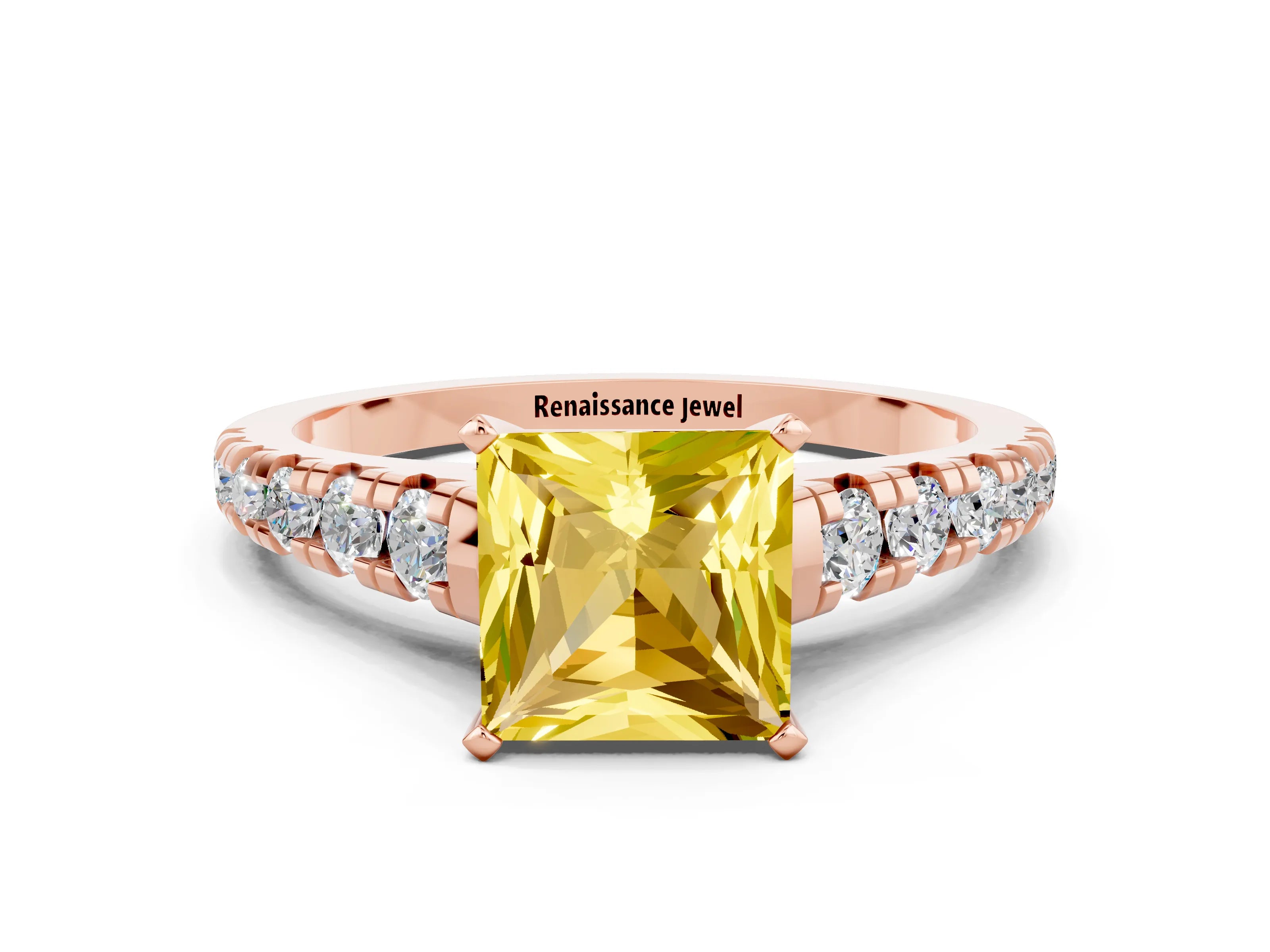 Rose gold Princess Cut Yellow Sapphire Solitaire Ring with Cathedral Setting and Pavé Band_24