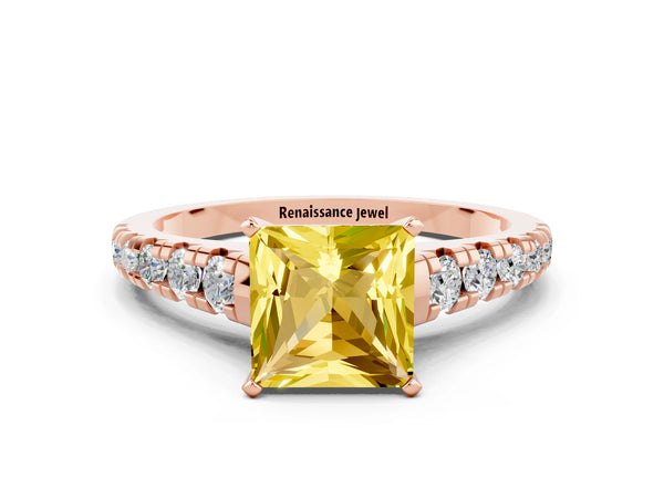 Rose gold Princess Cut Yellow Sapphire Cathedral Solitaire Ring with Round  Pavé Band