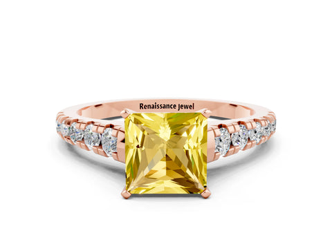 Rose gold Princess Cut Yellow Sapphire Solitaire Ring with Cathedral Setting and Pavé Band_24
