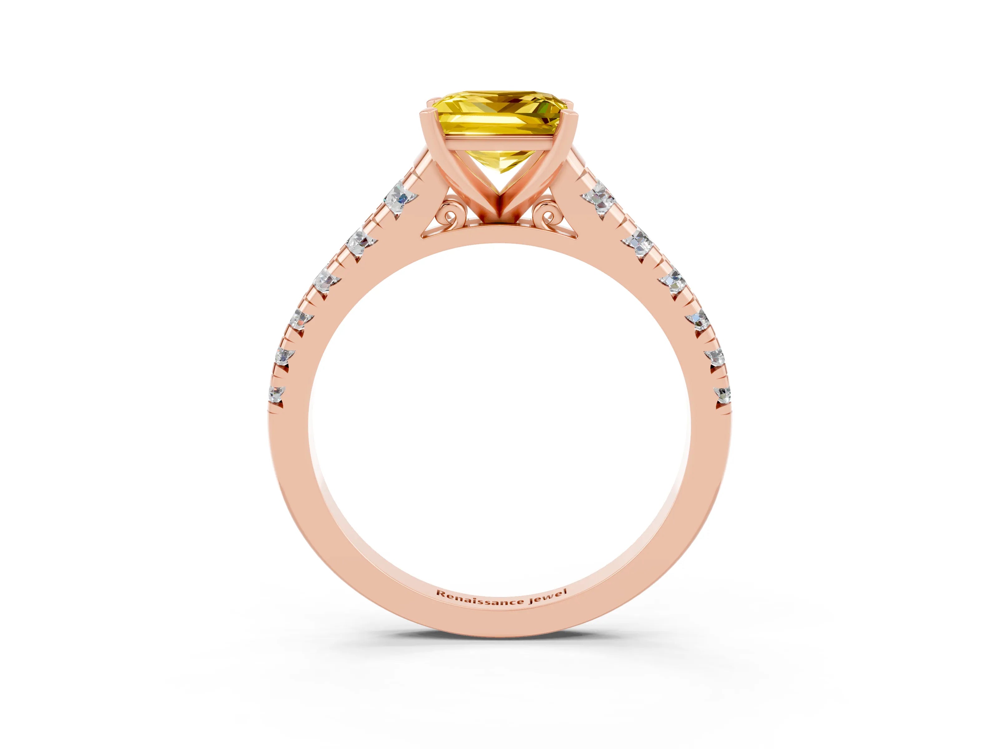 Rose gold Princess Cut Yellow Sapphire Solitaire Ring with Cathedral Setting and Pavé Band_27