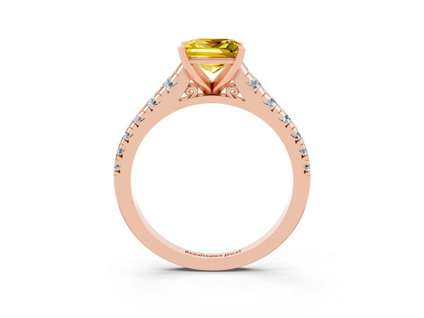 Rose gold Princess Cut Yellow Sapphire Cathedral Solitaire Ring with Round  Pavé Band