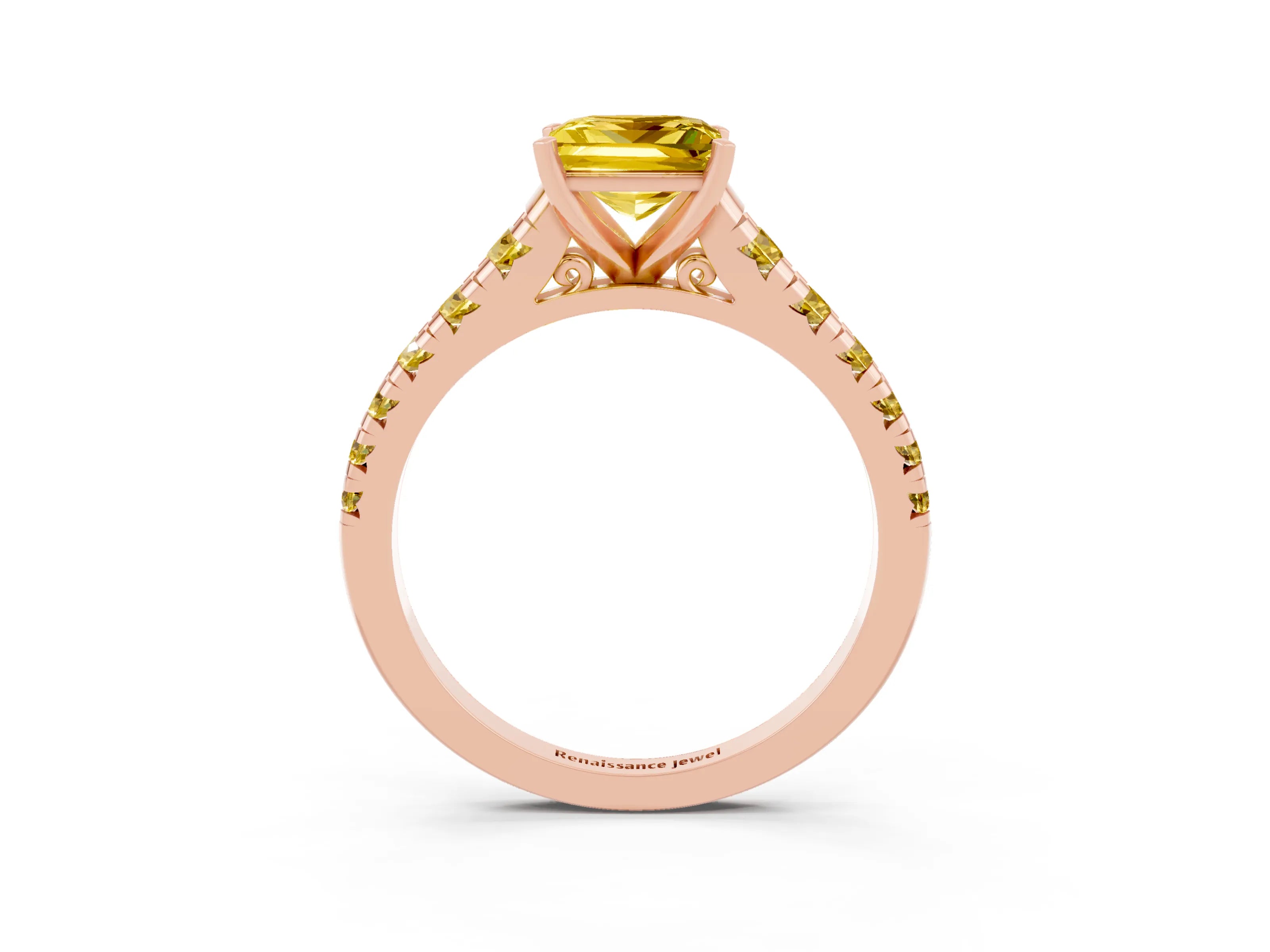 Rose gold Princess Cut Yellow Sapphire Solitaire Ring with Cathedral Setting and Pavé Band_3