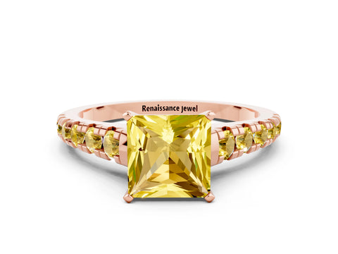 Rose gold Princess Cut Yellow Sapphire Solitaire Ring with Cathedral Setting and Pavé Band
