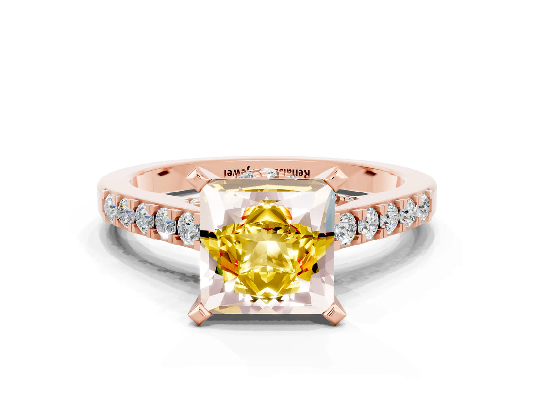 Rose gold Princess Cut Yellow Sapphire Solitaire Ring with Crossover Gallery and Round  Pavé Band_12