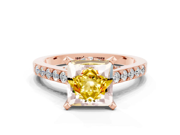Rose gold Princess Cut Yellow Sapphire Solitaire Ring with Crossover Gallery and Round  Pavé Band