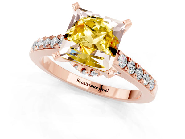 Rose gold Princess Cut Yellow Sapphire Solitaire Ring with Crossover Gallery and Round  Pavé Band