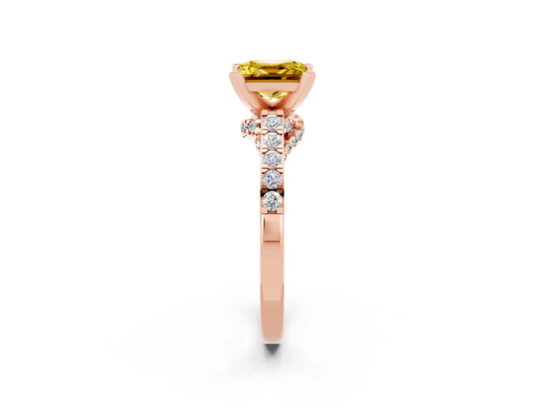 Rose gold Princess Cut Yellow Sapphire Solitaire Ring with Crossover Gallery and Round  Pavé Band