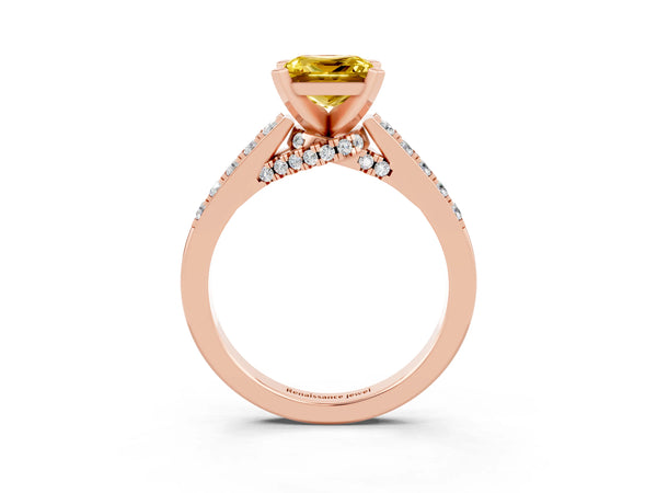 Rose gold Princess Cut Yellow Sapphire Solitaire Ring with Crossover Gallery and Round  Pavé Band