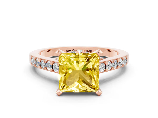 Rose gold Princess Cut Yellow Sapphire Solitaire Ring with Crossover Gallery and Round  Pavé Band
