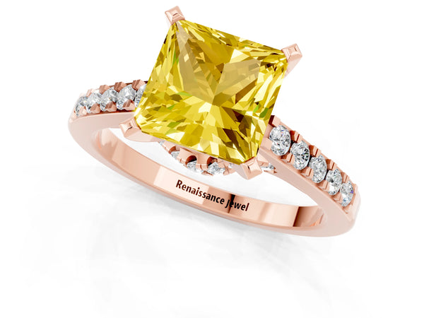 Rose gold Princess Cut Yellow Sapphire Solitaire Ring with Crossover Gallery and Round  Pavé Band