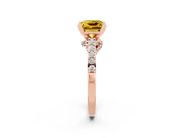 Rose gold Princess Cut Yellow Sapphire Solitaire Ring with Crossover Gallery and Round  Pavé Band