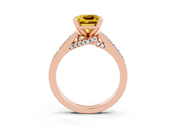 Rose gold Princess Cut Yellow Sapphire Solitaire Ring with Crossover Gallery and Round  Pavé Band