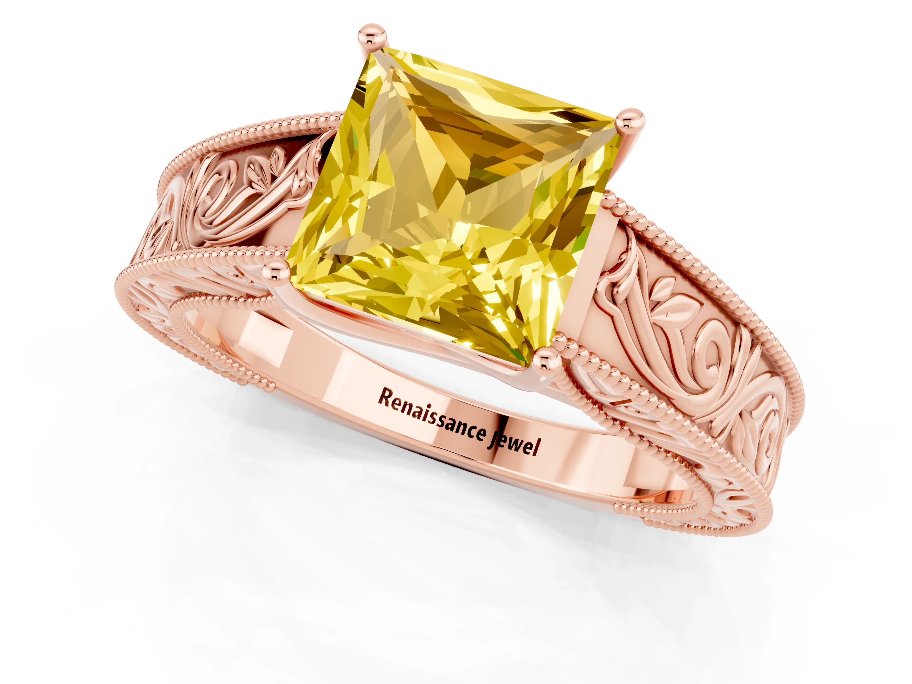 Rose gold Princess Cut Yellow Sapphire Solitaire Ring with Engraved Band and Four-Prong Setting_1