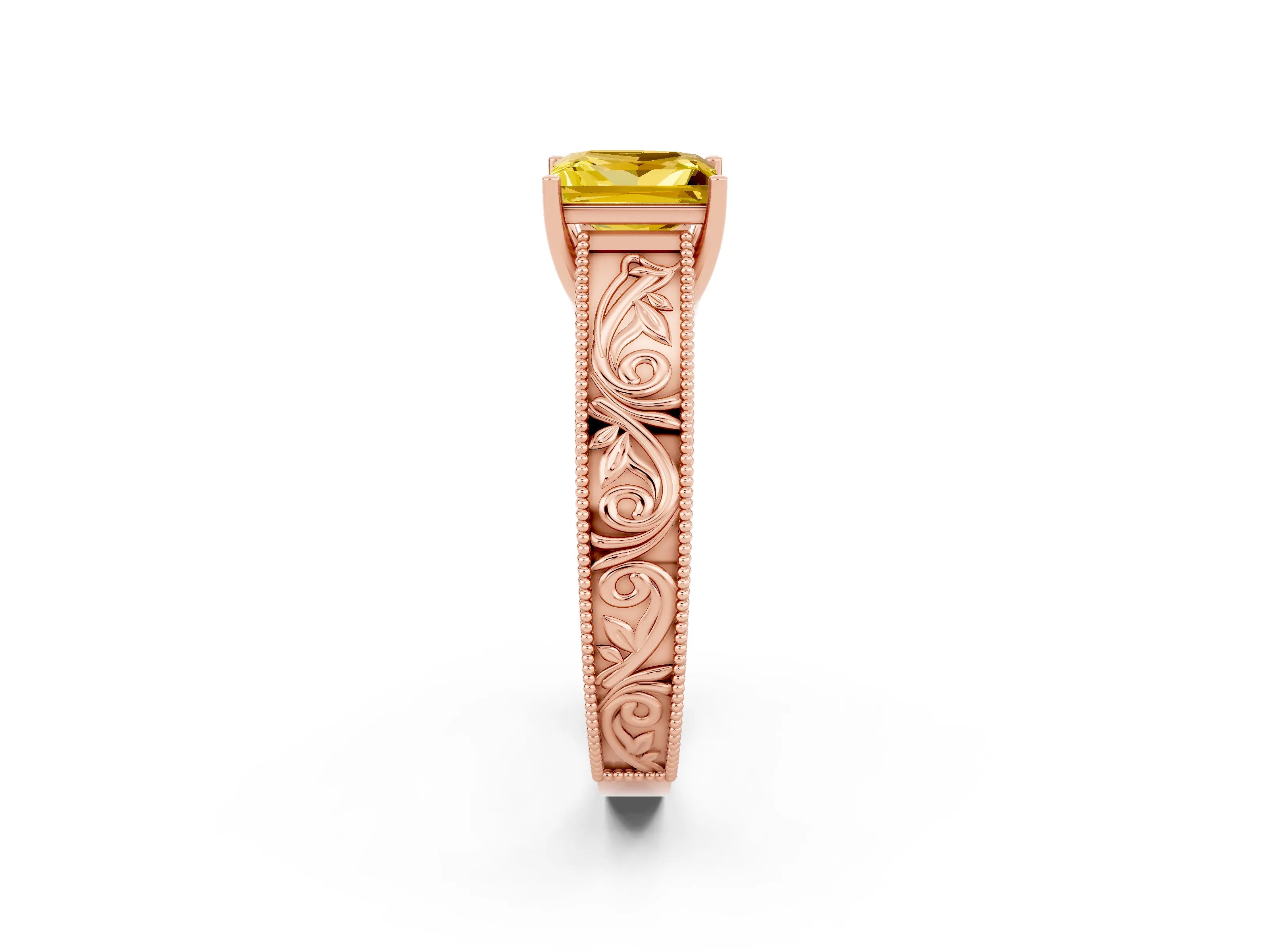 Rose gold Princess Cut Yellow Sapphire Solitaire Ring with Engraved Band and Four-Prong Setting_2