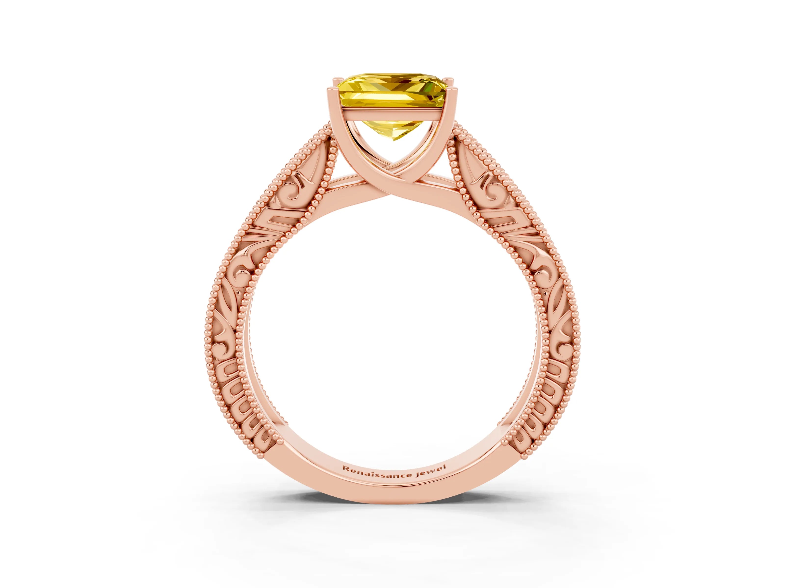 Rose gold Princess Cut Yellow Sapphire Solitaire Ring with Engraved Band and Four-Prong Setting_3