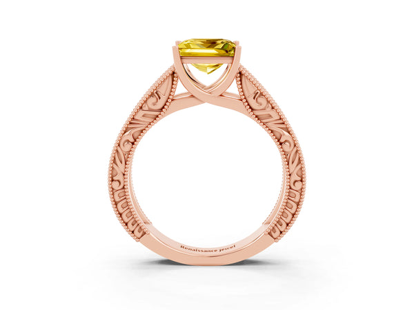 Rose gold Princess Cut Yellow Sapphire Solitaire Ring with Engraved Band and Four-Prong Setting
