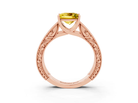 Rose gold Princess Cut Yellow Sapphire Solitaire Ring with Engraved Band and Four-Prong Setting_3
