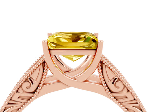 Rose gold Princess Cut Yellow Sapphire Solitaire Ring with Engraved Band and Four-Prong Setting_4