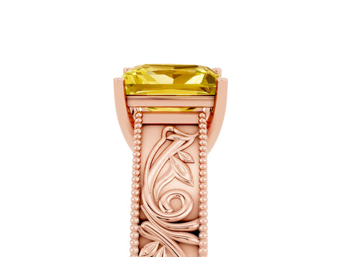 Rose gold Princess Cut Yellow Sapphire Solitaire Ring with Engraved Band and Four-Prong Setting_5