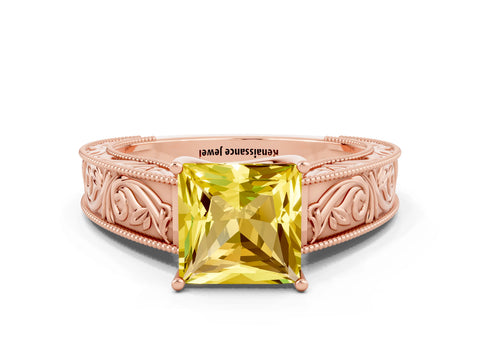 Rose gold Princess Cut Yellow Sapphire Solitaire Ring with Engraved Band and Four-Prong Setting