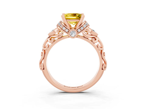 Rose gold Princess Cut Yellow Sapphire Solitaire Ring with Filigree Band and Four-Prong Setting_51