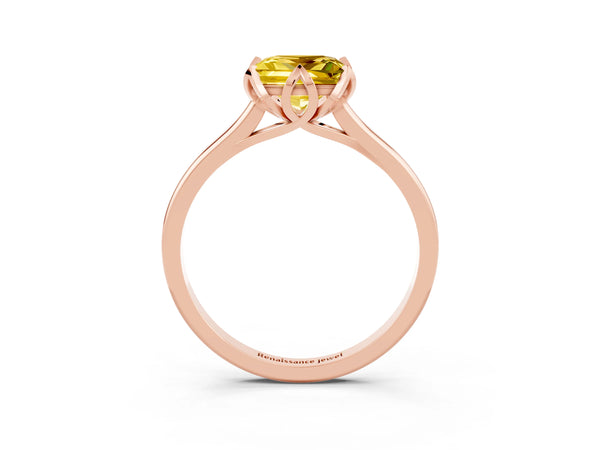 Rose gold Princess Cut Yellow Sapphire Solitaire Ring with Flower Prong Setting and Classic Band