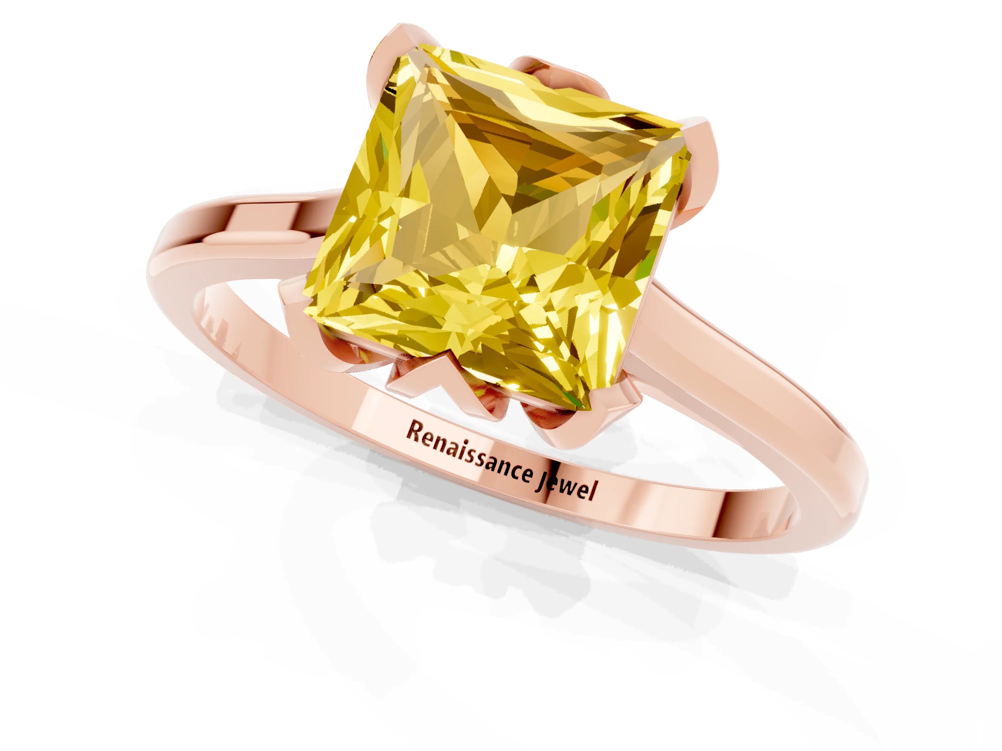 Rose gold Princess Cut Yellow Sapphire Solitaire Ring with Flower Prong Setting and Classic Band_37