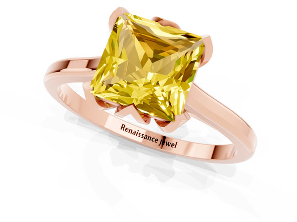 Rose gold Princess Cut Yellow Sapphire Solitaire Ring with Flower Prong Setting and Classic Band
