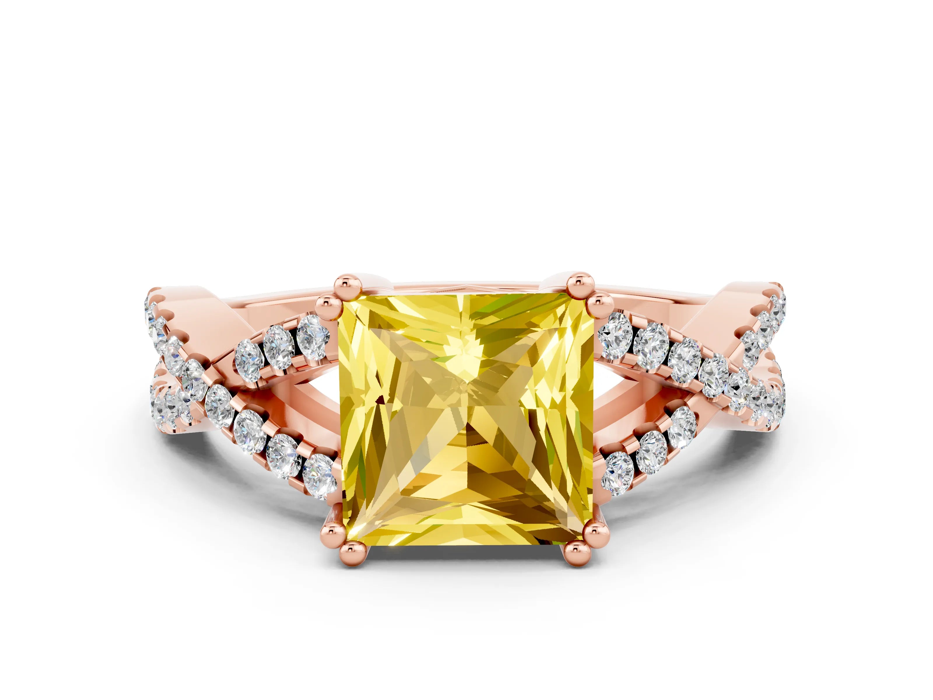 Rose gold Princess Cut Yellow Sapphire Solitaire Ring with Four-Prong Setting and Twisted Pavé Band_12