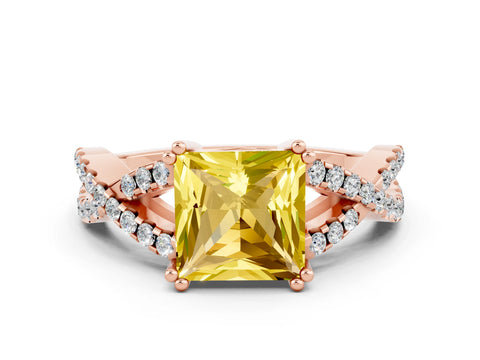 Rose gold Princess Cut Yellow Sapphire Solitaire Ring with Four-Prong Setting and Twisted Pavé Band_12