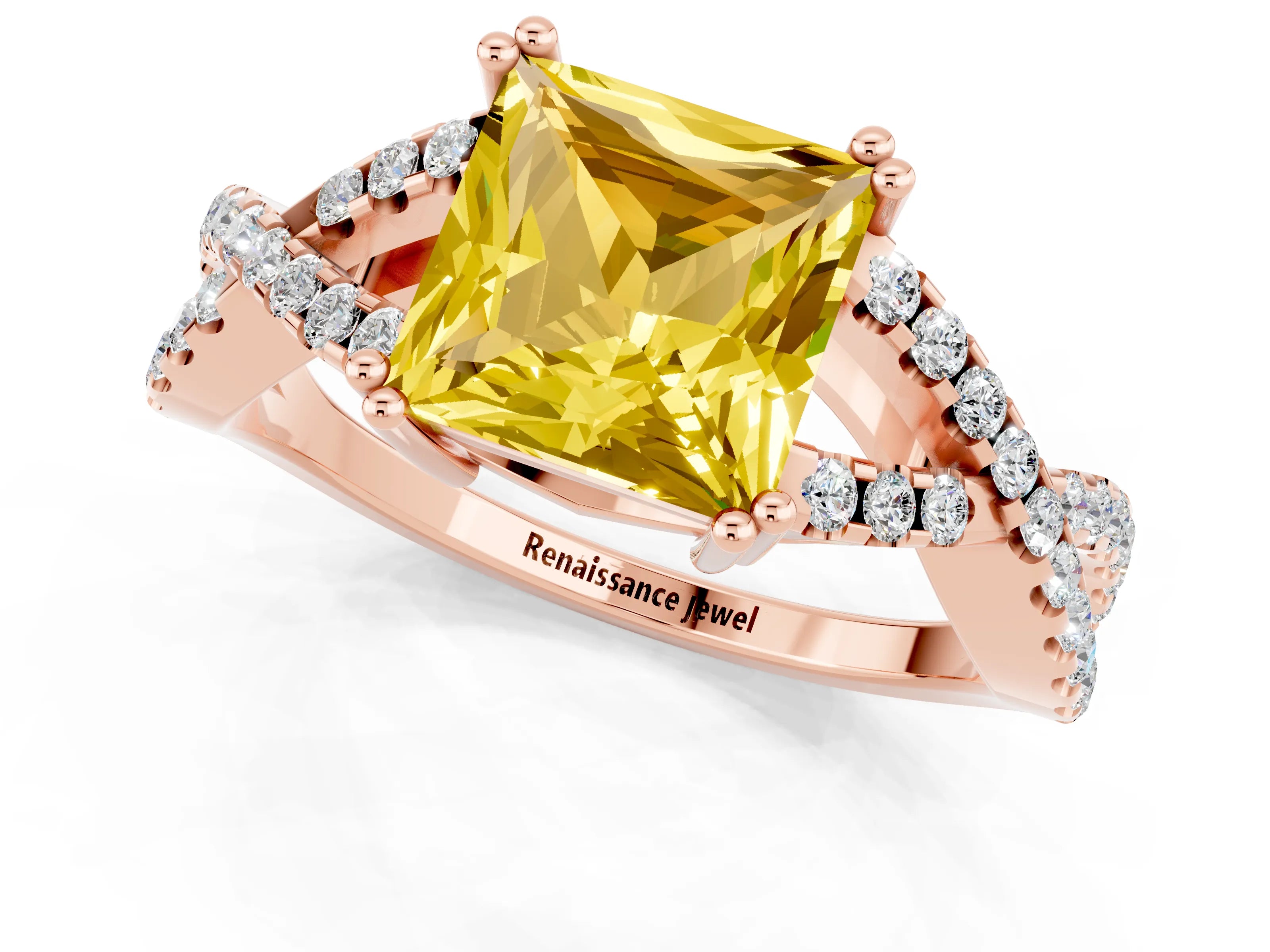 Rose gold Princess Cut Yellow Sapphire Solitaire Ring with Four-Prong Setting and Twisted Pavé Band_13