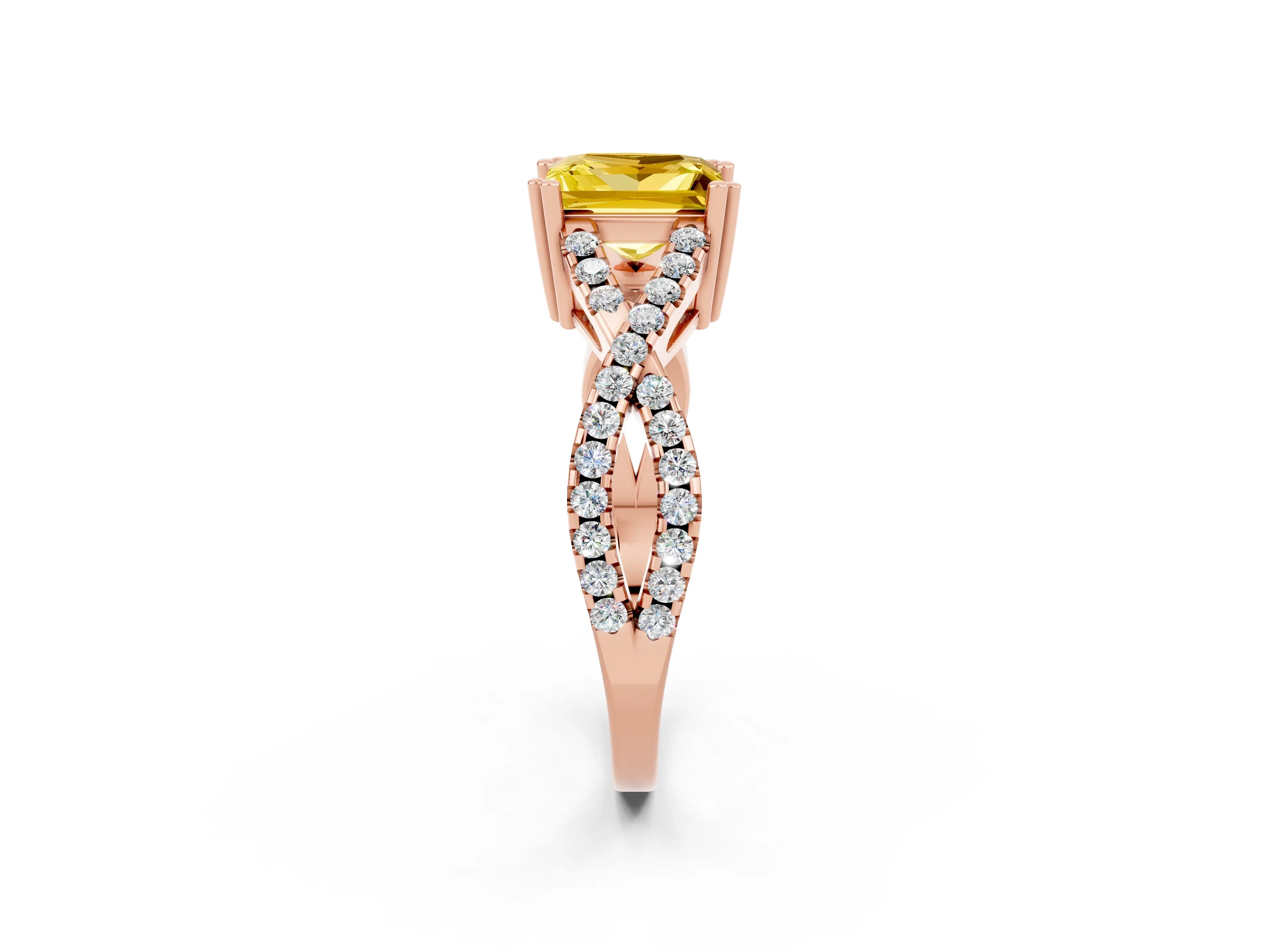 Rose gold Princess Cut Yellow Sapphire Solitaire Ring with Four-Prong Setting and Twisted Pavé Band_14
