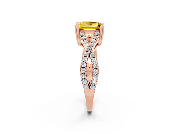 Rose gold Princess Cut Yellow Sapphire Solitaire Ring with Four-Prong Setting and Twisted Pavé Band