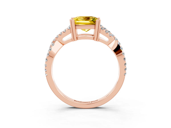 Rose gold Princess Cut Yellow Sapphire Solitaire Ring with Four-Prong Setting and Twisted Pavé Band