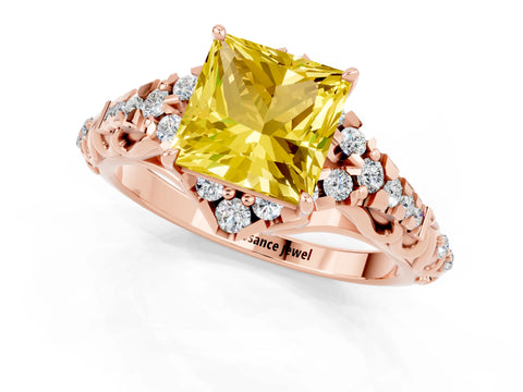 Rose gold Princess Cut Yellow Sapphire Solitaire Ring with Hidden Halo and Pavé Band_13