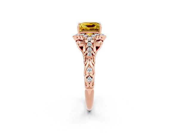 Rose gold Princess Cut Yellow Sapphire Solitaire Ring with Hidden Halo and Pavé Band