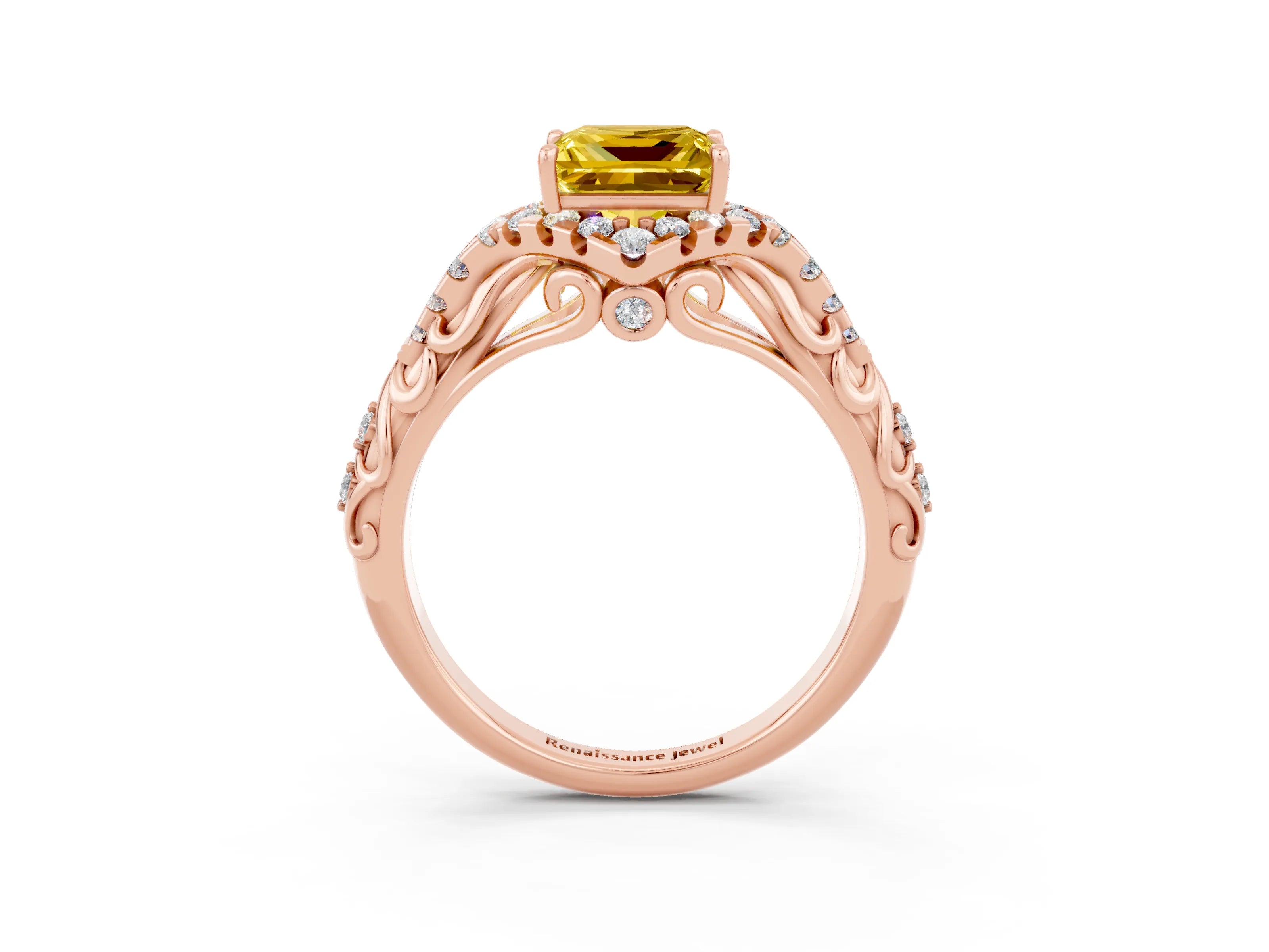 Rose gold Princess Cut Yellow Sapphire Solitaire Ring with Hidden Halo and Pavé Band_15