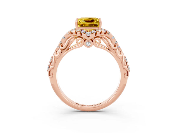 Rose gold Princess Cut Yellow Sapphire Solitaire Ring with Hidden Halo and Pavé Band