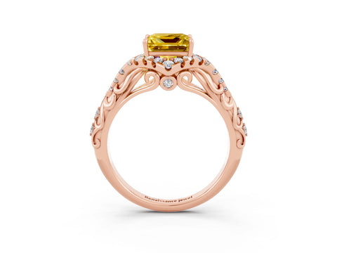Rose gold Princess Cut Yellow Sapphire Solitaire Ring with Hidden Halo and Pavé Band_15