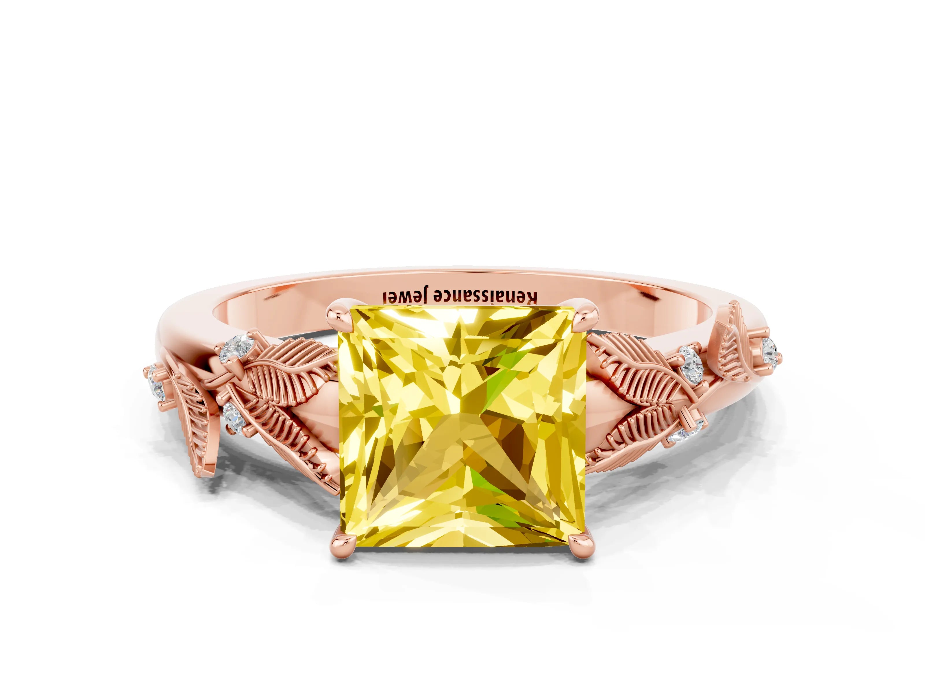 Rose gold Princess Cut Yellow Sapphire Solitaire Ring with Leaf Motif Band and Four-Prong Setting