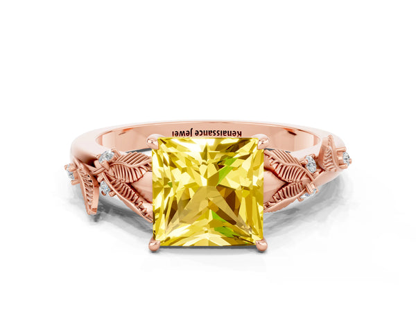 Rose gold Princess Cut Yellow Sapphire Solitaire Ring with Leaf Motif Band and Four-Prong Setting