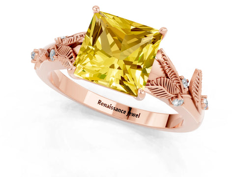 Rose gold Princess Cut Yellow Sapphire Solitaire Ring with Leaf Motif Band and Four-Prong Setting_1