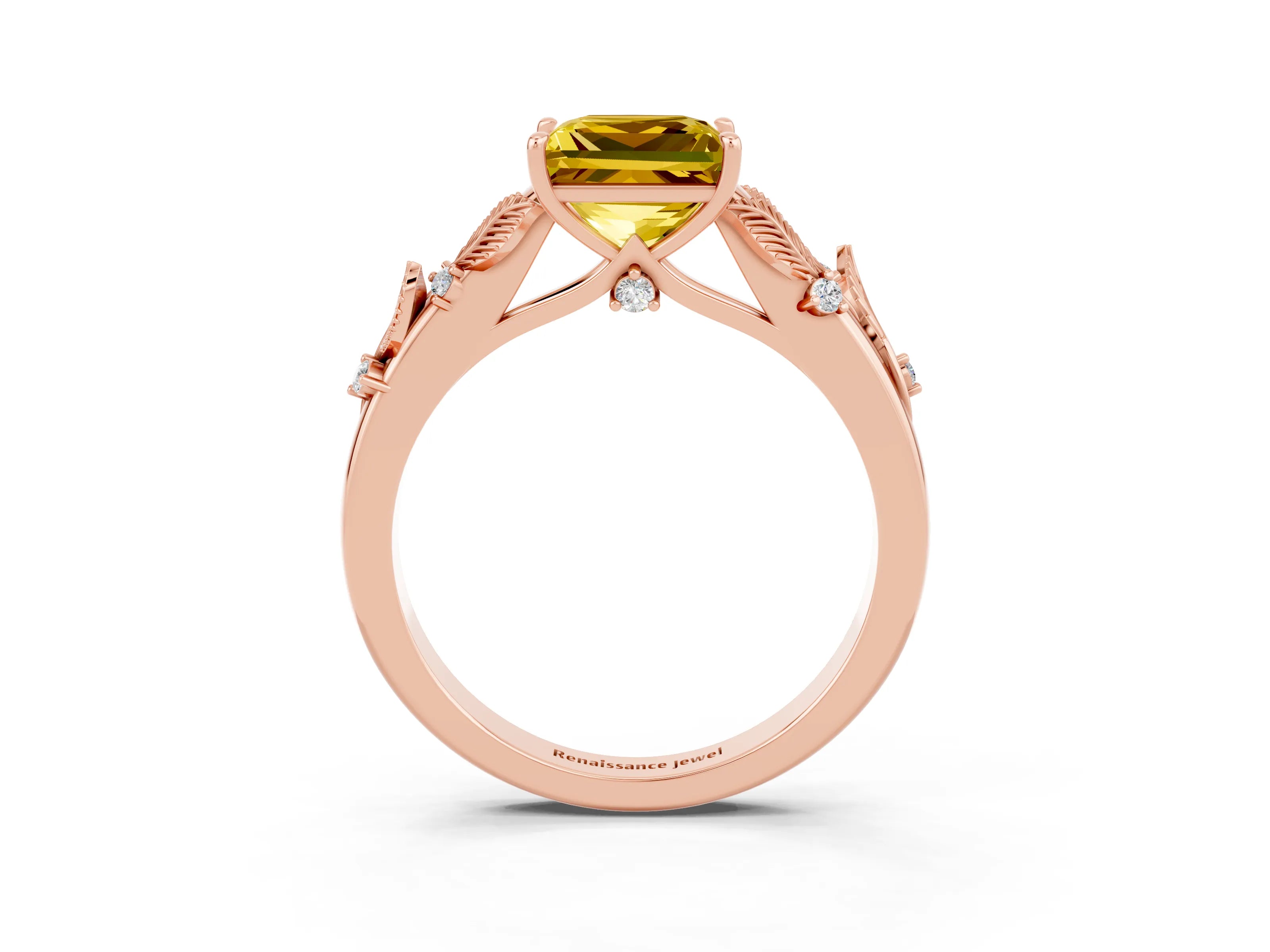 Rose gold Princess Cut Yellow Sapphire Solitaire Ring with Leaf Motif Band and Four-Prong Setting_3