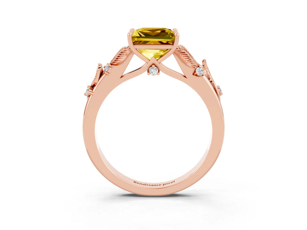 Rose gold Princess Cut Yellow Sapphire Solitaire Ring with Leaf Motif Band and Four-Prong Setting